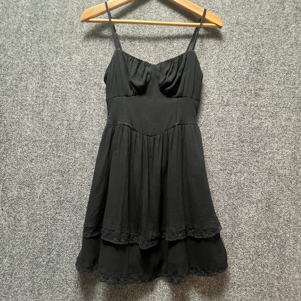 Hollister Black Lace Trim Tiered Mini‎ Dress Smocked Back Wimsigoth Small